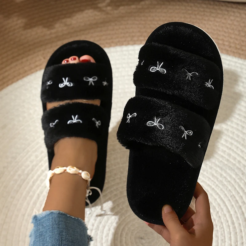Embroidery Ideas - Fashion Bow Embroidery Fluffy Slippers Women