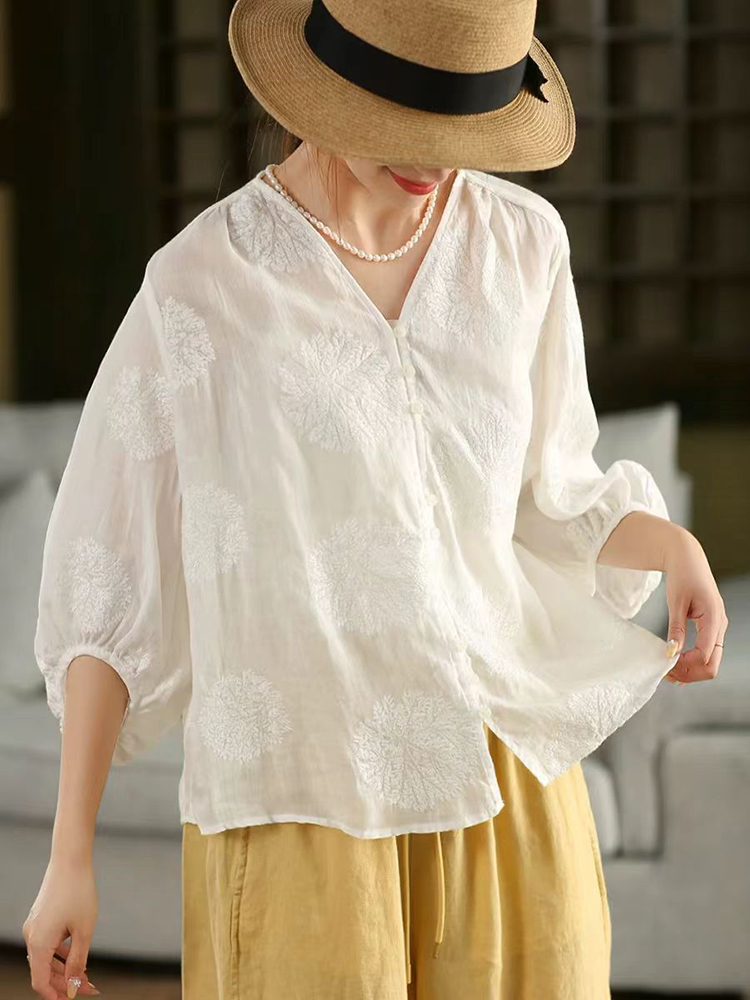 100% Ramie Women Casual Shirt  - Embroidery Jersey recension och pris