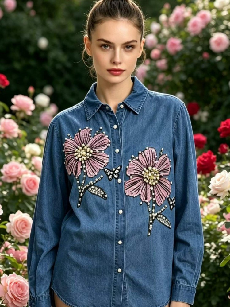 Women Denim Embroidery Blouses - Embroidery Cotton Shirt recension och pris