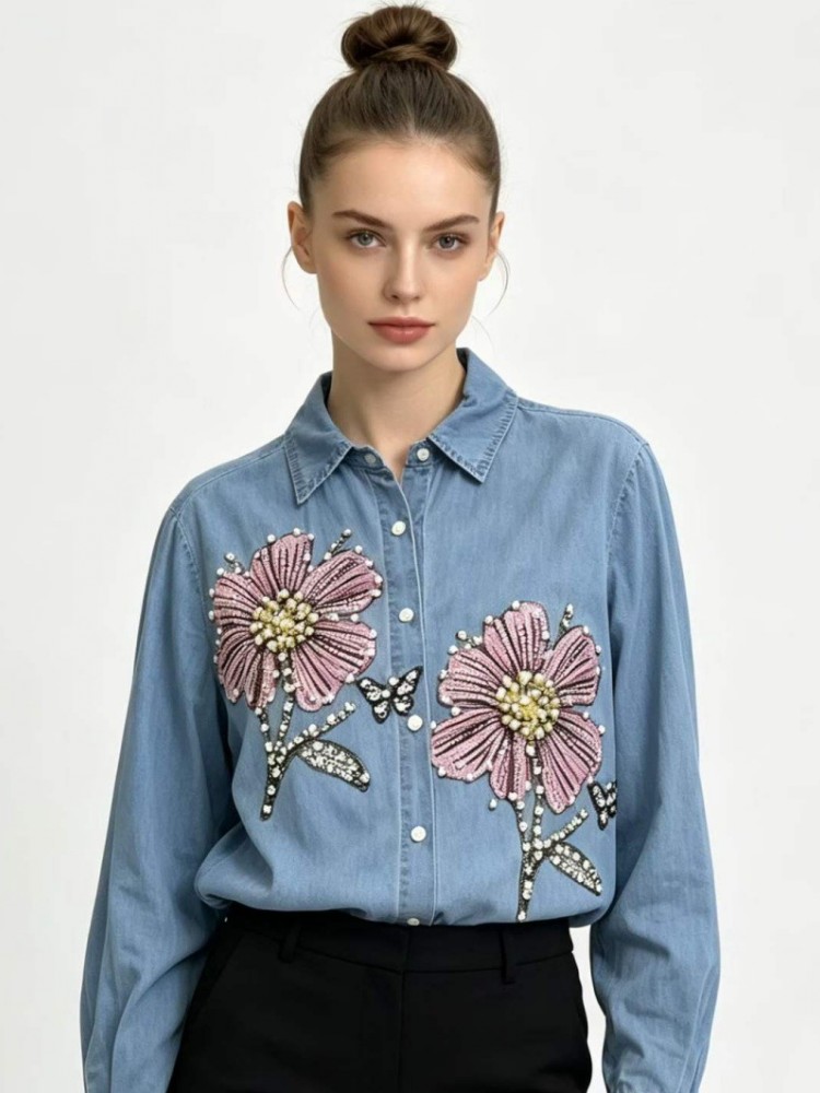 Women Denim Embroidery Blouses - Embroidery Cotton Shirt recension och pris
