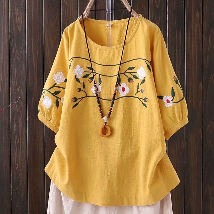 Plus-size Women's Spring and S - Embroidery Cotton Shirt recension och pris