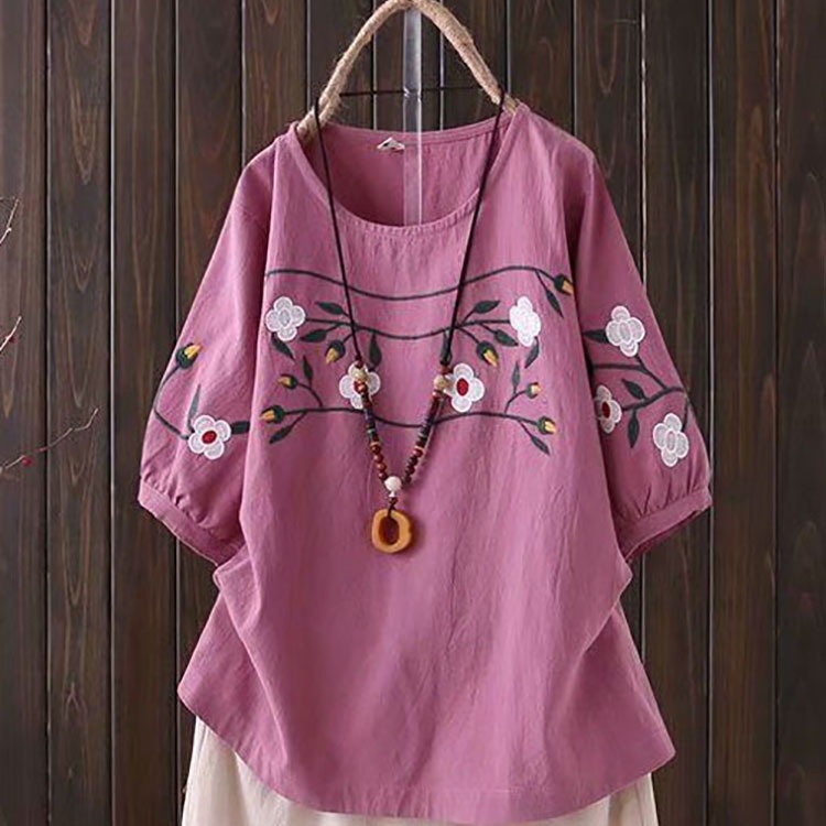 Plus-size Women's Spring and S - Embroidery Cotton Shirt recension och pris
